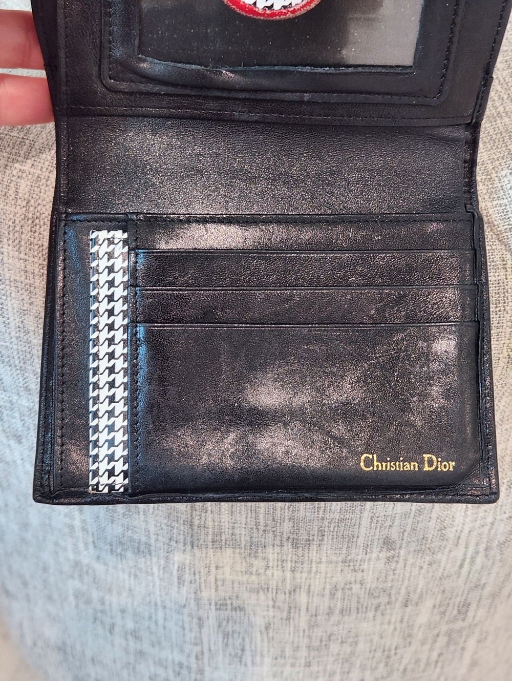 Vintage Dior Black Leather Wallet with Coin Purse Houndstooth Snap Red Accent - Picture 6 of 10
